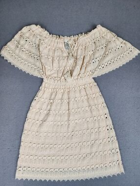 Max Studio Cream Crochet Off-Shoulder Mini Dress Lined Boho Fairy Small